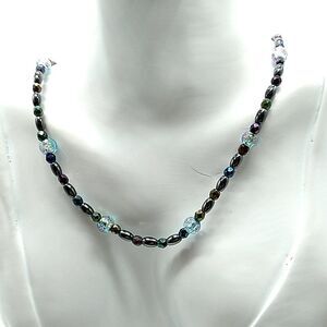 Hematite & Crystal Seed Bead Choker Necklace 17" Unisex